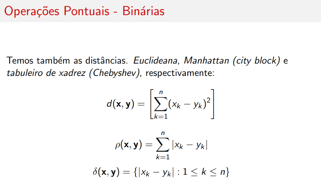 Distâncias: Euclideana, Manhattan e Chebyshev